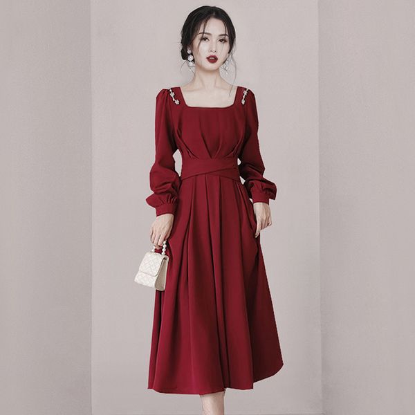 Korea style Autumn fashion Luxury Red Elegant dress
