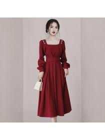 Korea style Autumn fashion Luxury Red Elegant dress 