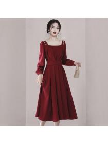 Korea style Autumn fashion Luxury Red Elegant dress 