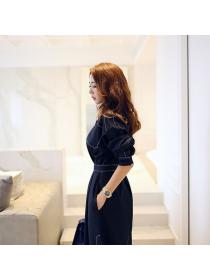 Korea style Autumn fashion Polo collar Long dress 