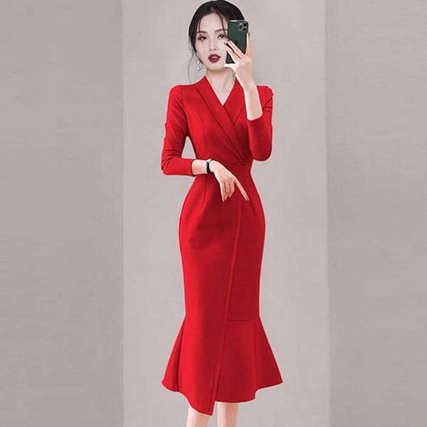Korea style Autumn fashion V collar Elegant Fishtail dress
