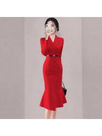 Korea style Autumn fashion V collar Elegant Fishtail dress 