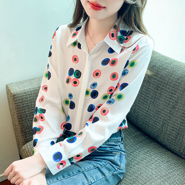 Korea style Polo collar Printed Long sleeve blouse