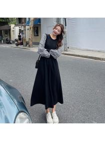 Korea style Autumn Plaid Long sleeve Sweater dress 