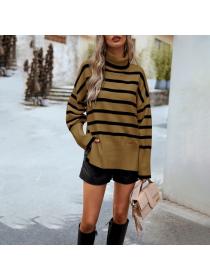 European style Stripe High collar Knitted Sweater 