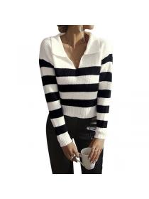 European style Autumn fashion Shirt collar Stripe Sweater 