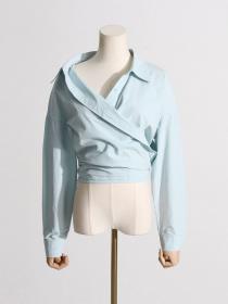 European style Dew shoulder Chic Fashion Long sleeve blouse 