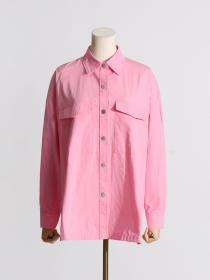 Vintage style Solid color Loose Polo collar Shirt 