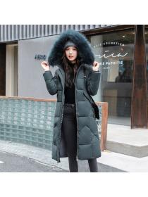 Korea style Winter Big fur collar Warm Loose Cotton Long coat 