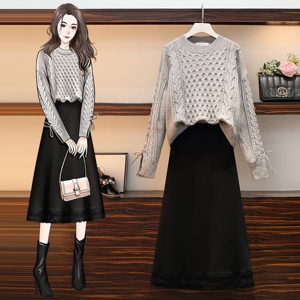Korea style Winter Knitting Sweater and Black long skirt