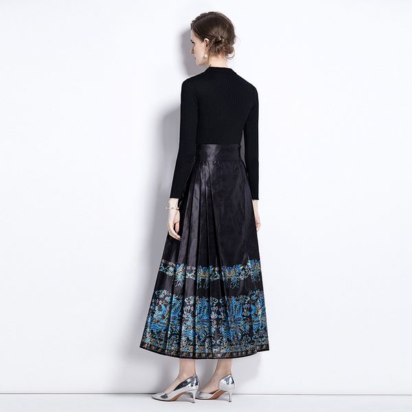 European style Retro Slim Long sleeve Pleated skirt 2 pcs set