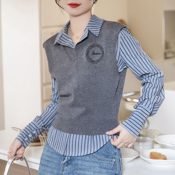 Korea style Retro Stripe Shirt+Matching Vest 2 pcs set