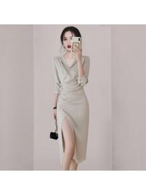 Korean style Elegant Split Long sleeve dress 
