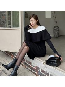 Korean style Sexy Round collar Knitting Hip-full dress 