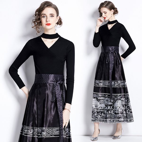 European style Luxury Slim Long sleeve Pleated skirt 2 pcs set