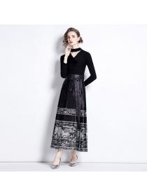 European style Luxury Slim Long sleeve Pleated skirt 2 pcs set