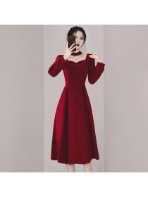 Korea style Retro fashion Red Elegant dress 