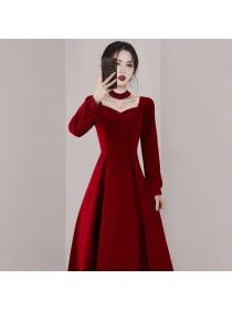 Korea style Retro fashion Red Elegant dress 