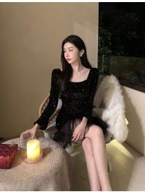 Fashion Sequins Square collar Long sleeve dress