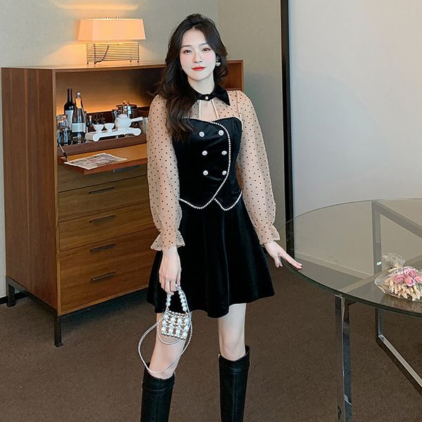 Korea style Elegant Slim Velvet Long sleeve 2 pcs dress