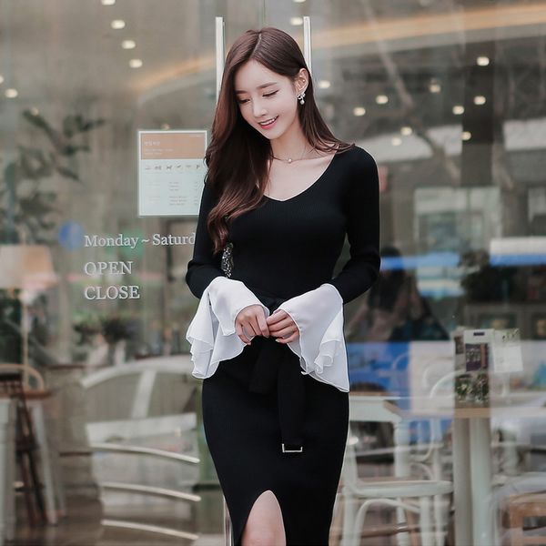 Korea style Fashion V neck Split Midi dress