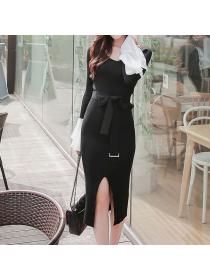 Korea style Fashion V neck Split Midi dress 