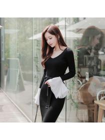Korea style Fashion V neck Split Midi dress 