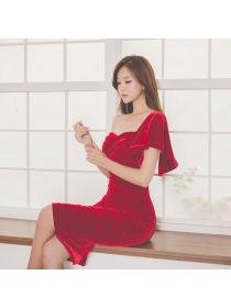 Korea style Sexy Off shouldder Red dress 