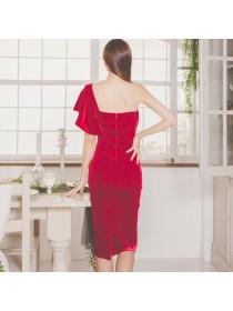 Korea style Sexy Off shouldder Red dress 
