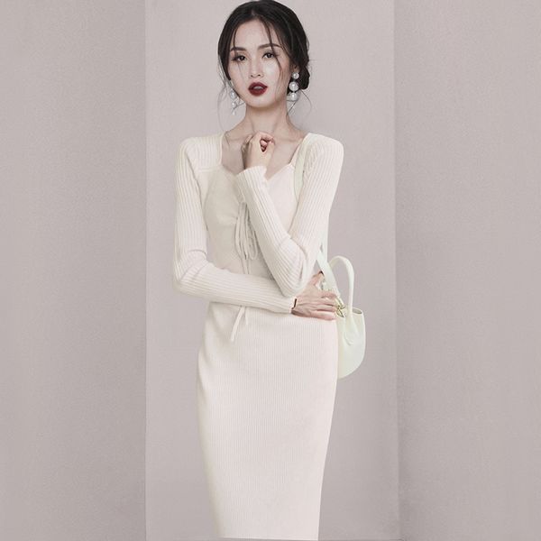 Korea style V neck Slim Long sleeve Knitting dress