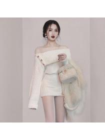 Korea style off shoulder Sexy Hip-full Knitting dress 
