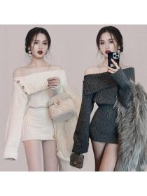 Korea style off shoulder Sexy Hip-full Knitting dress 