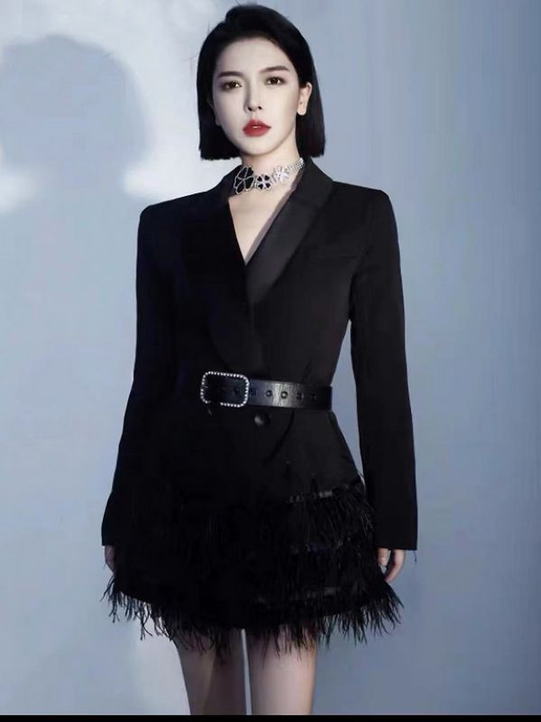 Elegant Black Slim Suit collar Solid color Dress