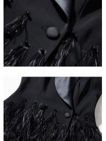 Elegant Black Slim Suit collar Solid color Dress 
