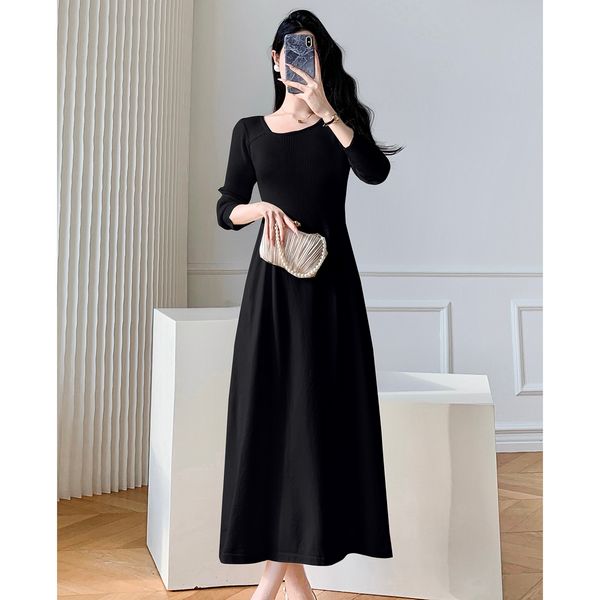 Korea style Elegant Black Knitted Dress