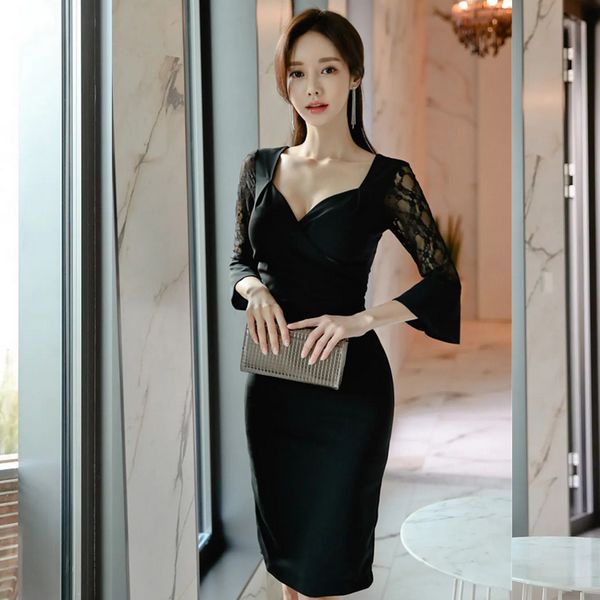 Korea style Elegant Sexy Slim V neck Dress