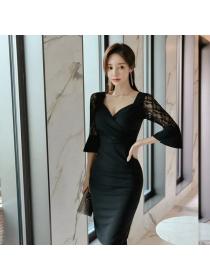 Korea style Elegant Sexy Slim V neck Dress 