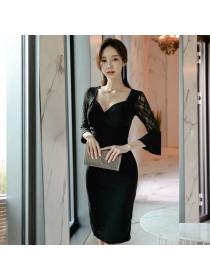 Korea style Elegant Sexy Slim V neck Dress 