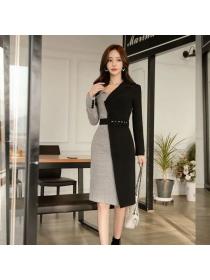 Korea style Elegant Plaid Suit collar Dress