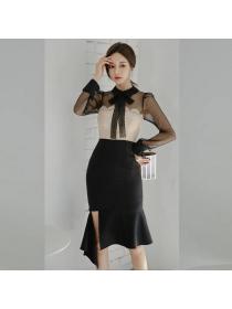 Korea style Elegant Sexy Long sleeve Fishtail dress 