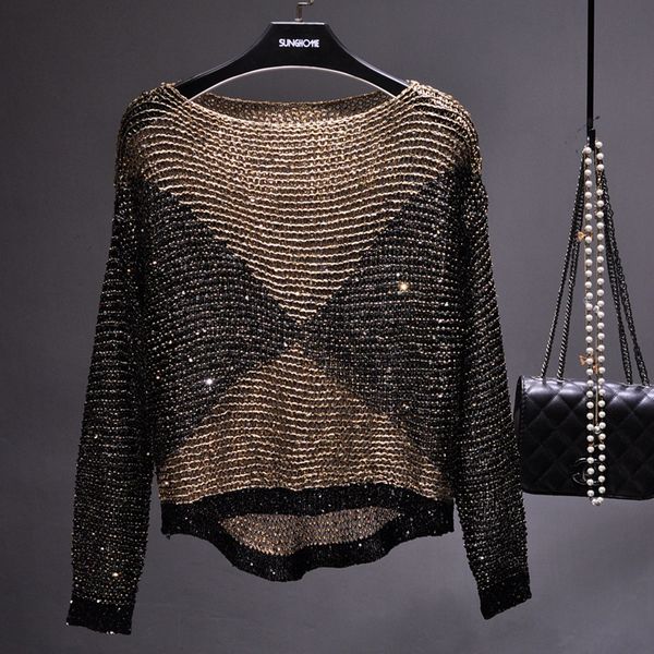 European style Sequins Round collar Long sleeve top