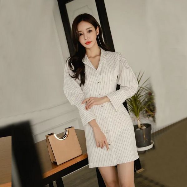 Korea style Elegant Stripe V collar shirt dress