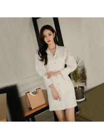 Korea style Elegant Stripe V collar shirt dress 
