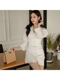 Korea style Elegant Stripe V collar shirt dress 
