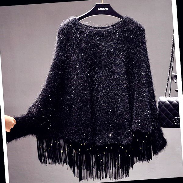 European style Sequin tassel loose cape thick knit coat