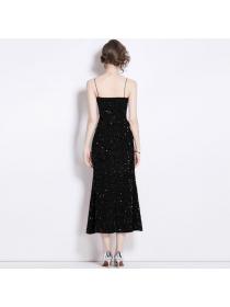 European style Retro fashion High waist A-line Black dress 