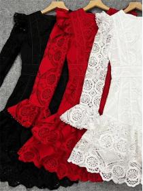 Vintage style Fashion design flared sleeves slim lace dress