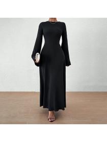 European style Casual Solid color Long sleeve Round collar Dress 