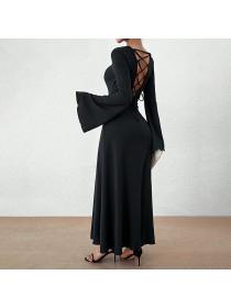 European style Casual Solid color Long sleeve Round collar Dress 