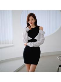 Korea style Dew shoulder Long sleeve Fake two dress 